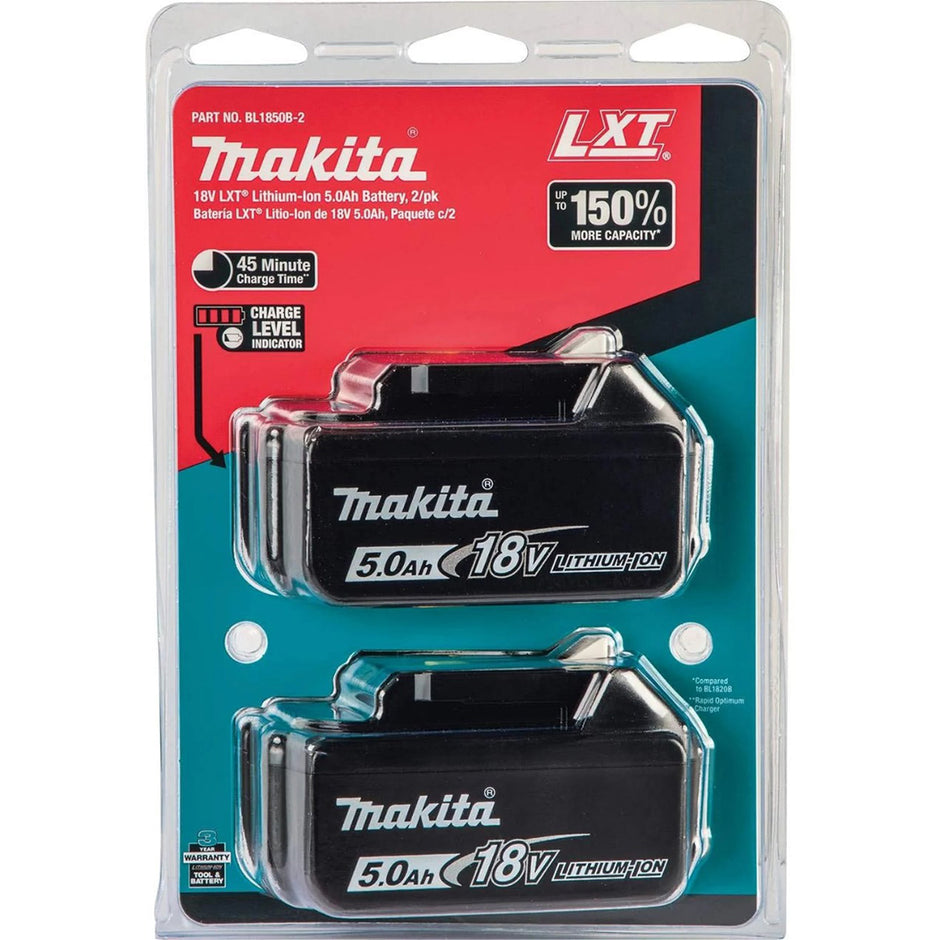 Makita 18V 5.0Ah Li-Ion LXT Battery (2-Pack) – Fast charging, LED charge indicator, compatible with all Makita 18V cordless tools.